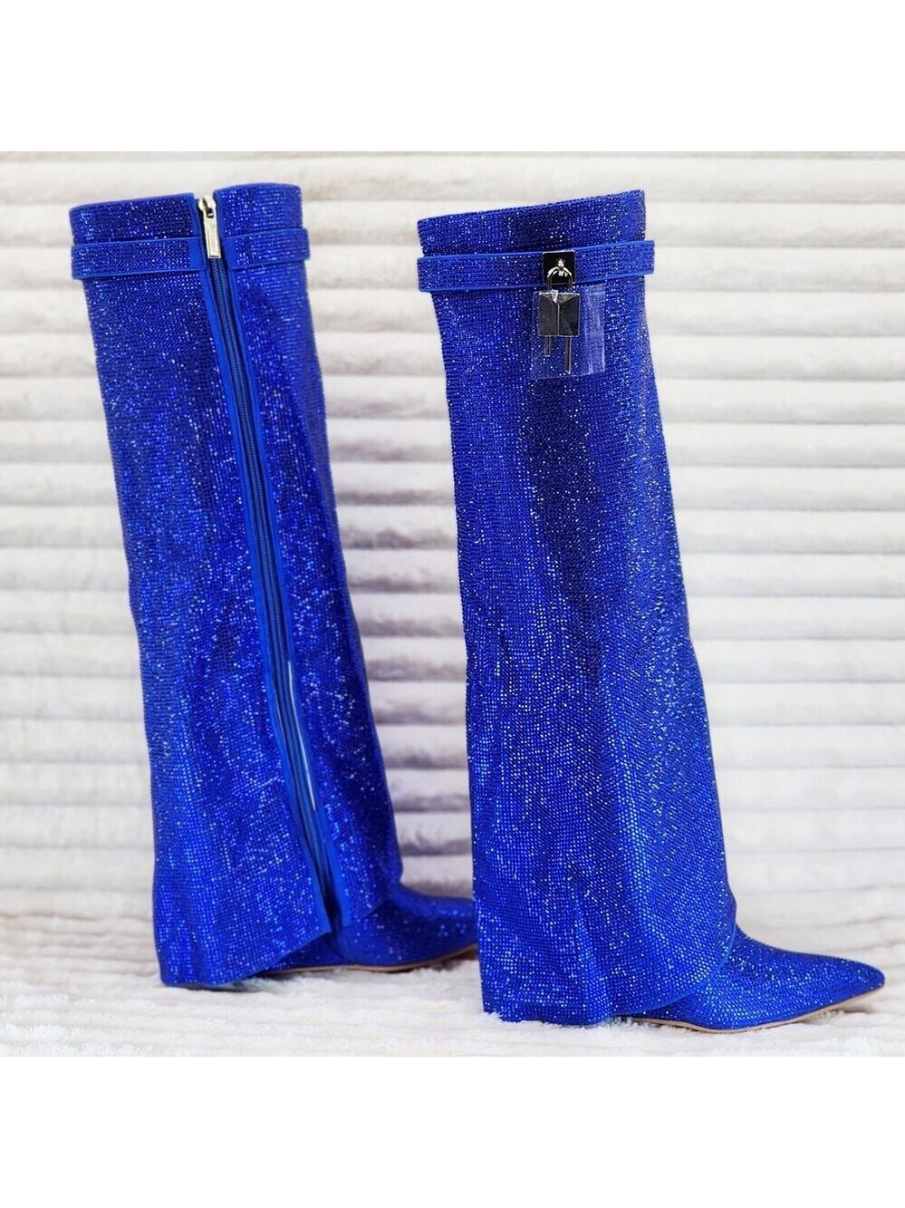 NIB Super Sparkle Sharky Skirted Fold Over Wedge Heel Knee Boots Royal Blue - Picture 2 of 15